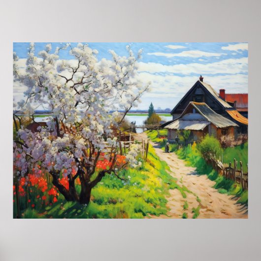 Idyllischer Frühlingsbauernhof Kirschblüten auf Sa Poster (Vorne)