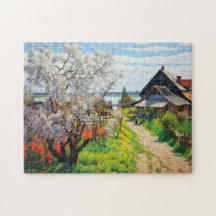 Idyllischer Frühlingsbauernhof Kirschblüten auf Sa