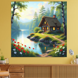 Idyllisches Haus am See im Wald Leinwanddruck