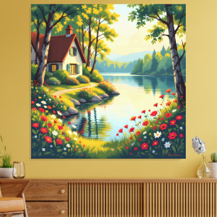 Idyllisches Haus am See im Wald Leinwanddruck