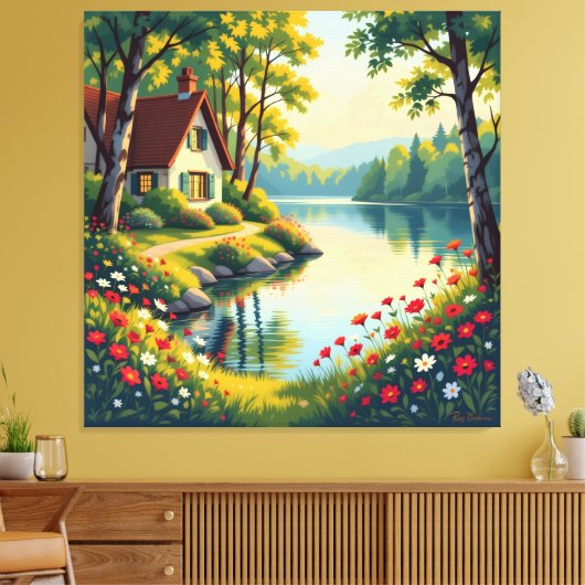 Idyllisches Haus am See im Wald Leinwanddruck (Insitu (Wohnzimmer))