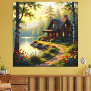 Idyllisches Haus am See im Wald Leinwanddruck