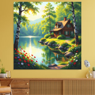 Idyllisches Haus am See im Wald Leinwanddruck