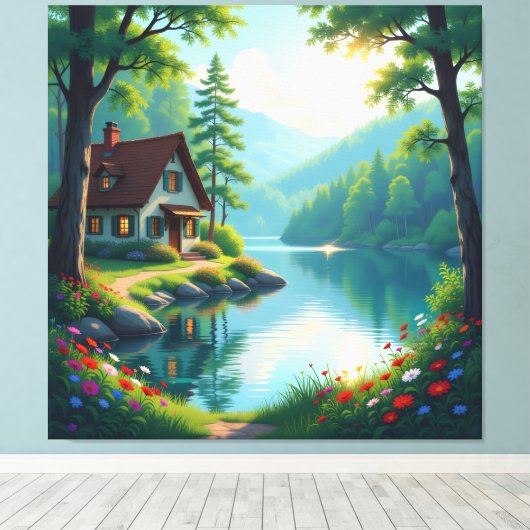 Idyllisches Haus am See im Wald Leinwanddruck (Insitu (Holzboden))