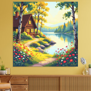 Idyllisches Haus am See im Wald Leinwanddruck