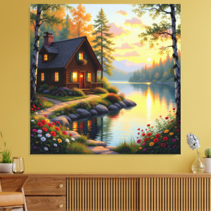 Idyllisches Haus am See im Wald Leinwanddruck