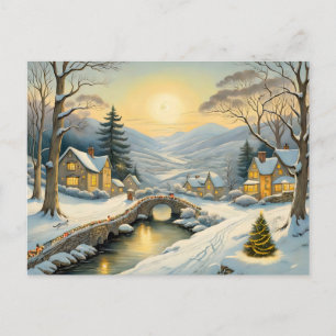 Idyllisches Weihnachtsdorf mit Fluss und Brücke Postkarte