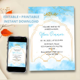 Iftar Dinner Einladung Rmadan Blau Wasserfarbe