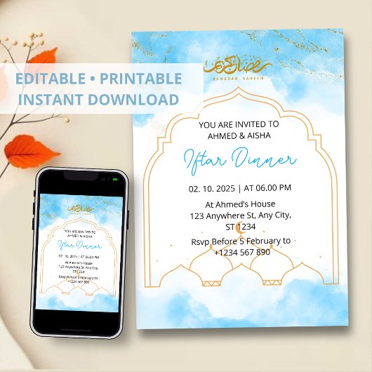 Iftar Dinner Einladung Rmadan Blau Wasserfarbe