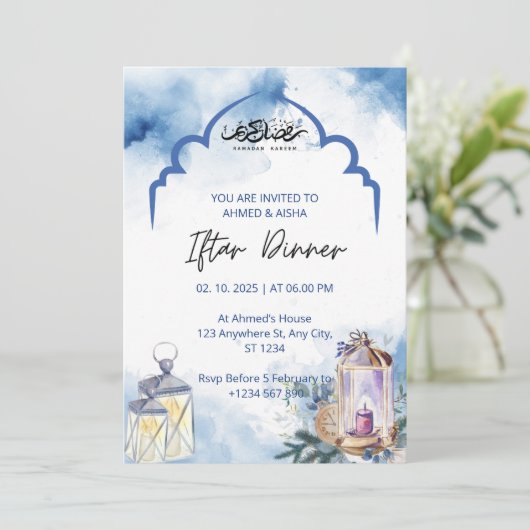 Iftar dinner invitation ramadan blue mosque einladung (Stehend Vorderseite)