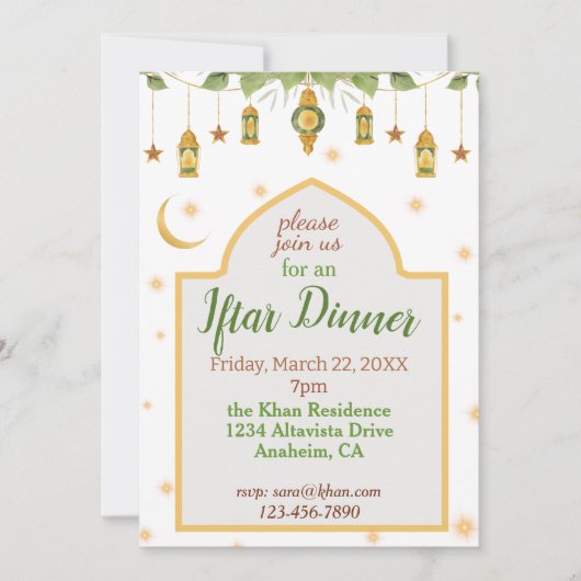 Iftar Ramadan Einladung Elegant White/Gold/Green (Vorderseite)