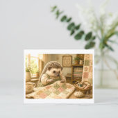 Igel als Quilter Postkarte (Stehend Vorderseite)