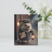 Igel als Schaffner im Vintage-Zug Postkarte (Stehend Vorderseite)