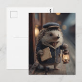Igel als Schaffner im Vintage-Zug Postkarte (Vorne/Hinten)