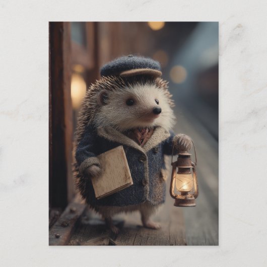 Igel als Schaffner im Vintage-Zug Postkarte (Vorderseite)