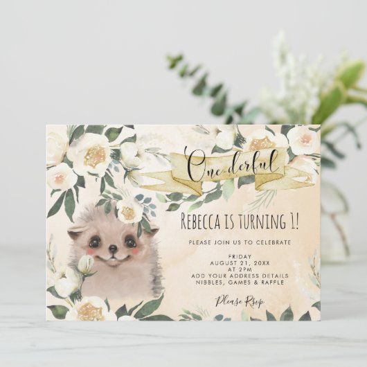 Igel-Blumenhändler Einladung zum 1. Geburtstag (Stehend Vorderseite)