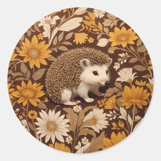 Igel Brown Floral William Morris Inspiriert Runder Aufkleber (Vorderseite)