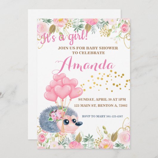 Igel Bugballons Rosa Blütendusche Einladung (Vorne/Hinten)