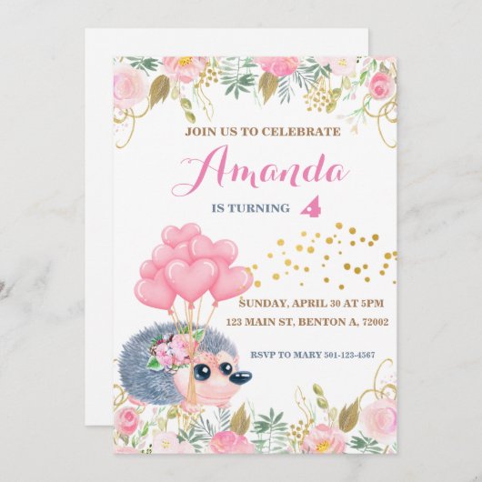 Igel Bugballons Rosa Blütengeburten Einladung (Vorne/Hinten)