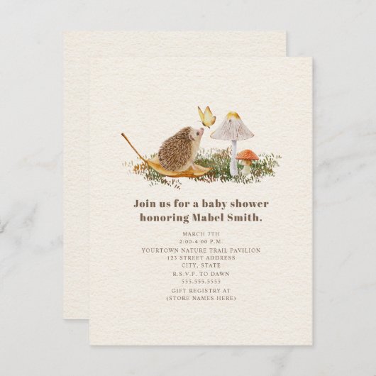 Igel Butterfly Pilz Woodland Babydusche Einladung (Vorne/Hinten)