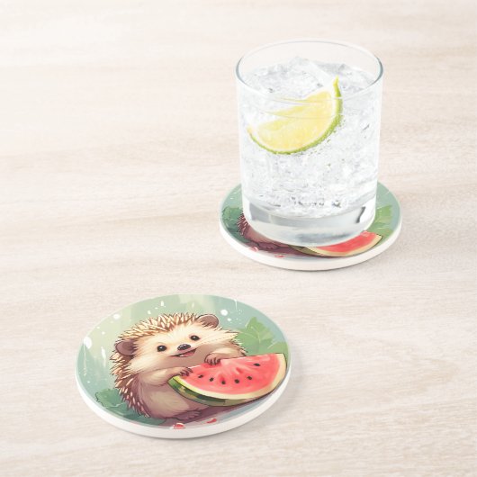 Igel, der ein Stück Wassermelone genießt Getränkeuntersetzer (Seite)