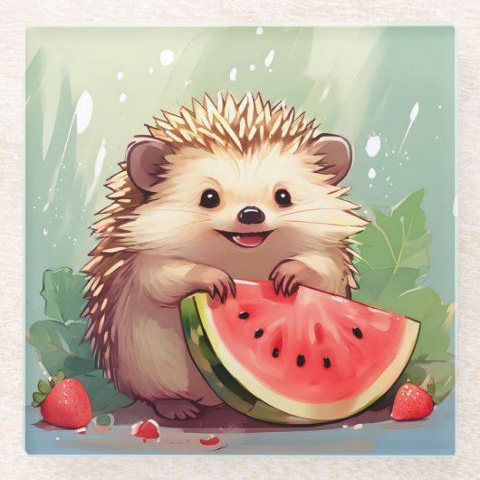 Igel, der ein Stück Wassermelone genießt Glasuntersetzer (Vorderseite)