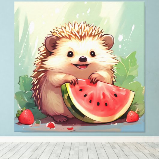 Igel, der ein Stück Wassermelone genießt Leinwanddruck (Insitu (Holzboden))