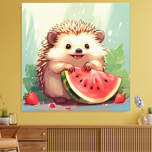 Igel, der ein Stück Wassermelone genießt Leinwanddruck (Insitu (Wohnzimmer))