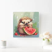 Igel, der ein Stück Wassermelone genießt Quadratische Wanduhr (Zuhause)
