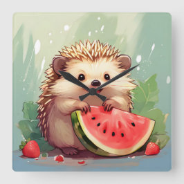 Igel, der ein Stück Wassermelone genießt Quadratische Wanduhr