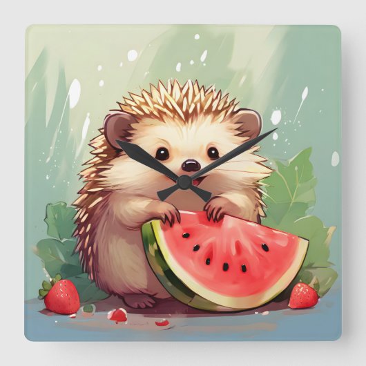 Igel, der ein Stück Wassermelone genießt Quadratische Wanduhr (Vorderseite)