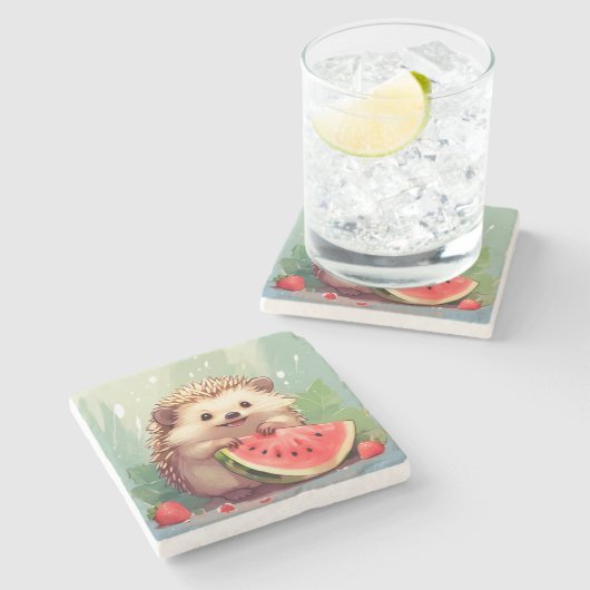 Igel, der ein Stück Wassermelone genießt Steinuntersetzer (Seitenansicht)