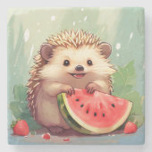 Igel, der ein Stück Wassermelone genießt Steinuntersetzer (Vorderseite)