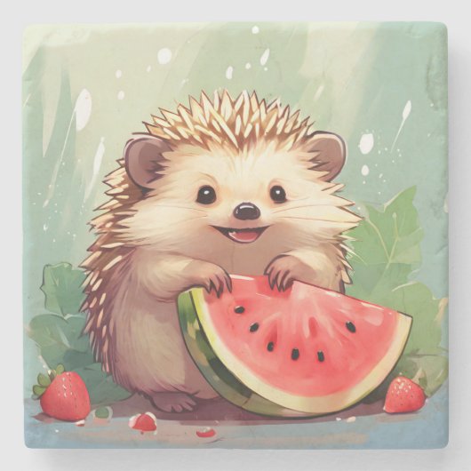 Igel, der ein Stück Wassermelone genießt Steinuntersetzer (Vorderseite)