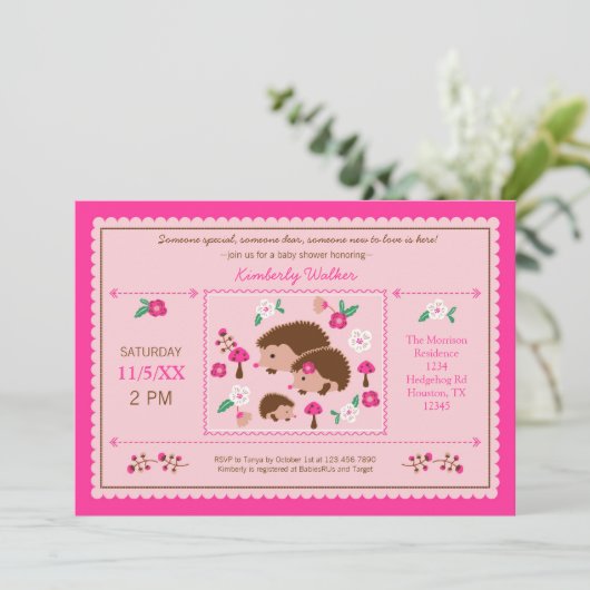 Igel Family Baby Girl Dusche Einladung (Stehend Vorderseite)