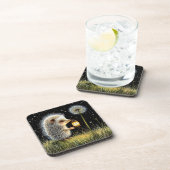 Igel hält die Laterne neben dem Löwenzahn Getränkeuntersetzer (Rechte Seite)