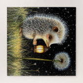 Igel hält die Laterne neben dem Löwenzahn Puzzle (Horizontal)