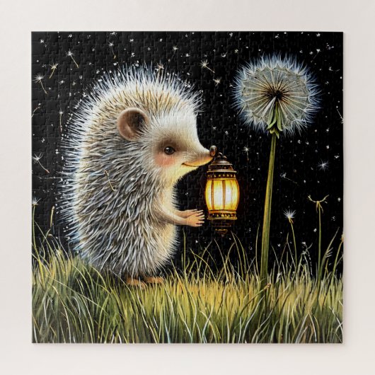 Igel hält die Laterne neben dem Löwenzahn Puzzle (Vertikal)