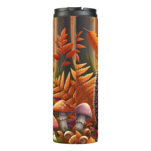 Igel im Herbst ein Pilz halten Thermosbecher (Rückseite)