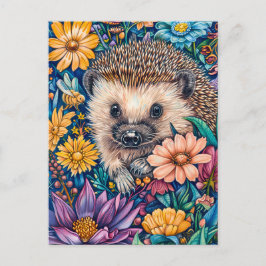 Igel in der blühenden Blume Bett Postkarte