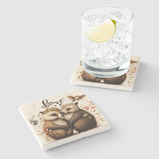 Igel in der Liebe Steinuntersetzer (Seitenansicht)