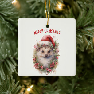 Igel in einer Weihnachtsmannmütze Red Poinsettia W Keramikornament