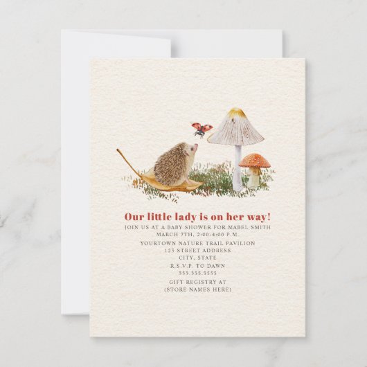 Igel Ladybug Mushroom Woodland Babydusche Einladung (Vorderseite)