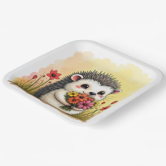 Igel mit Blume Bouquet Pappteller (Gewinkelt)