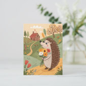 Igel mit Blume Volkskunst Postkarte (Stehend Vorderseite)