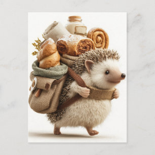 Igel mit einem mit Gebäck gefüllten Rucksack Feiertagspostkarte