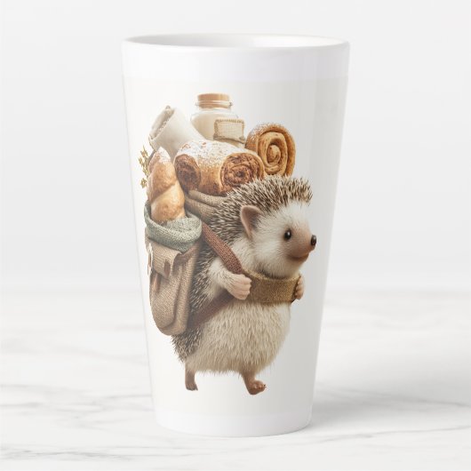 Igel mit einem mit Gebäck gefüllten Rucksack Milchtasse (Vorderseite)