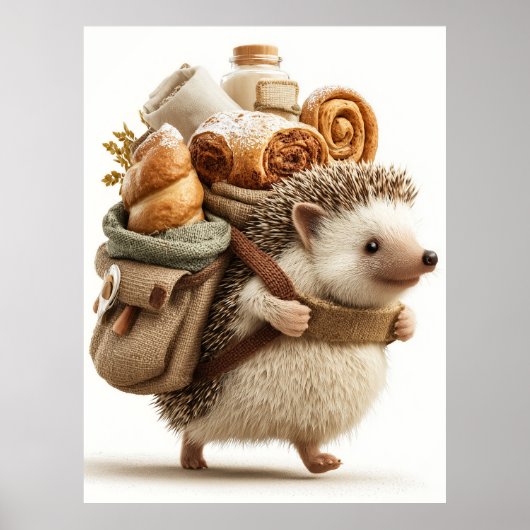 Igel mit einem mit Gebäck gefüllten Rucksack Poster (Vorne)
