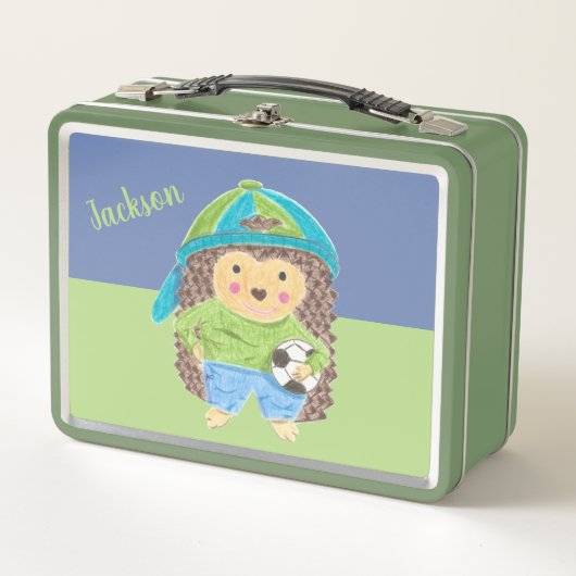 Igel mit Fußball Kind Name Metal Lunchbox (Vorderseite)