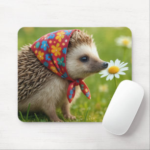 Igel mit Kopftuch schnüffelt an einer Margerite Mousepad